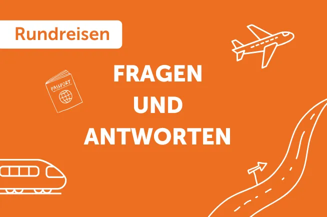 Orangene Grafik mit Straße, Zug, Flugzeug und Reisepass